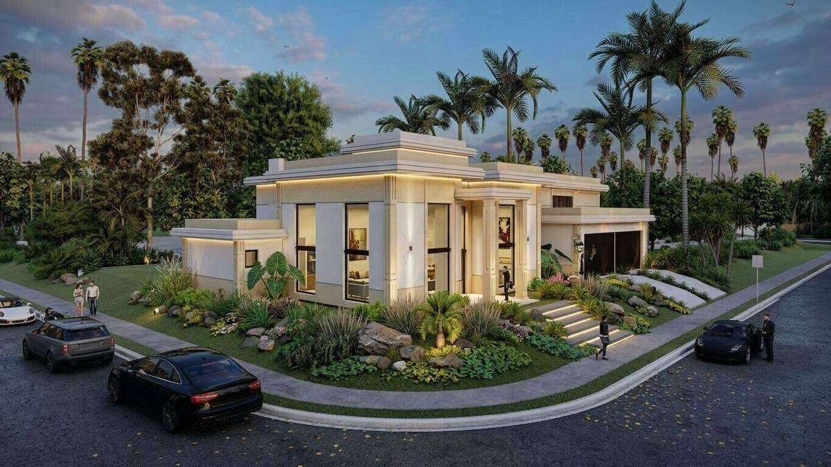 Casa KM, residência de composição clara com volumes simétricos, grandes aberturas e jardim envolvente